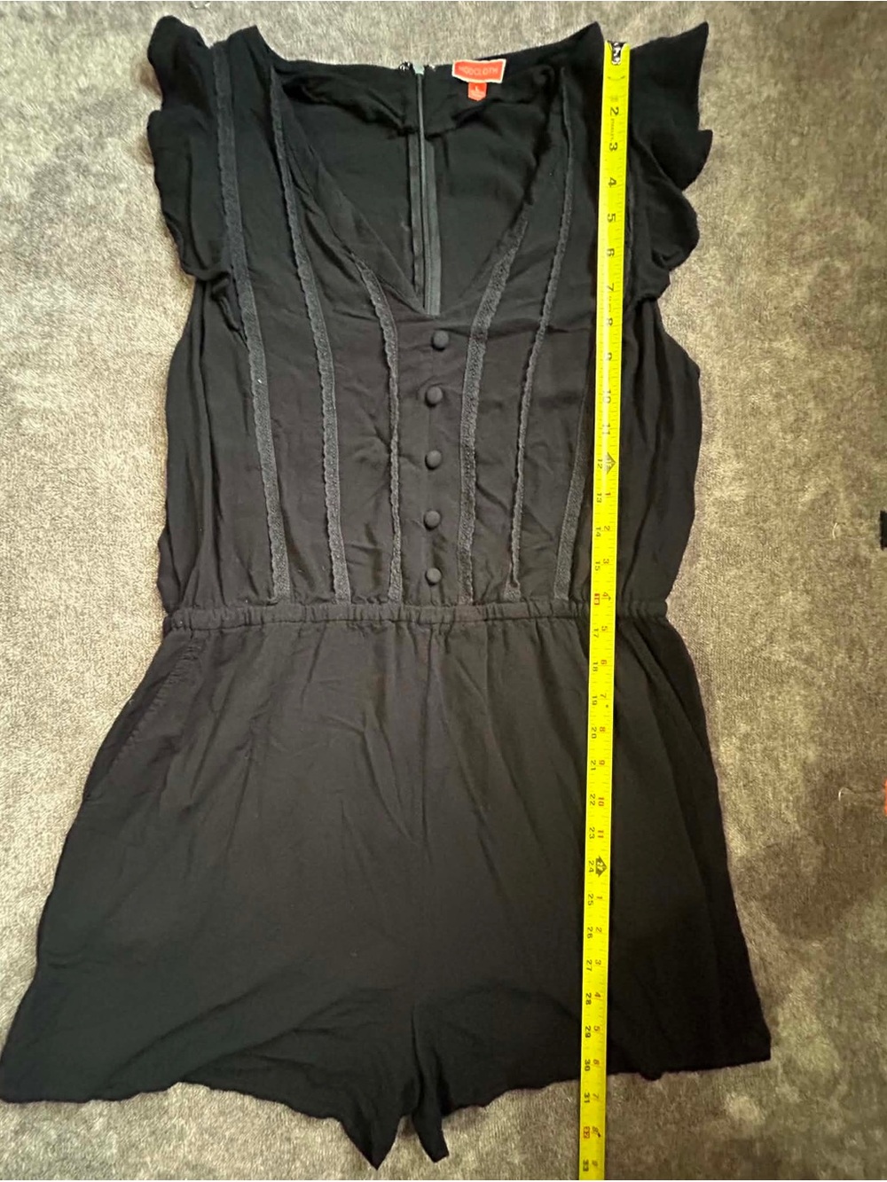 ModCloth Black Button-Front Romper Sz Large Feminine Ruffle Cap Sleeve Bohemian - Picture 3 of 7